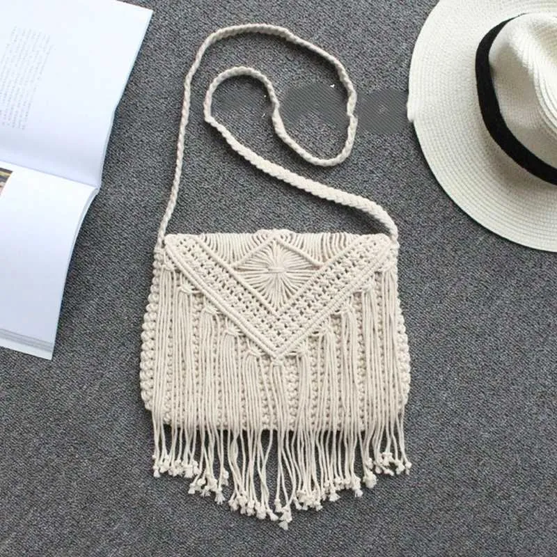 Handmade Cotton Woven Knitted Crossbody Bag With Tassels Vintage_voghion.com