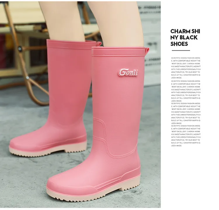 2025 Damen Lange Dicke Sohle Mode Gummistiefel Neue Waterproonti Slip High Tube Regenschuhe Reine Farbe Ruiba X560_voghion.com