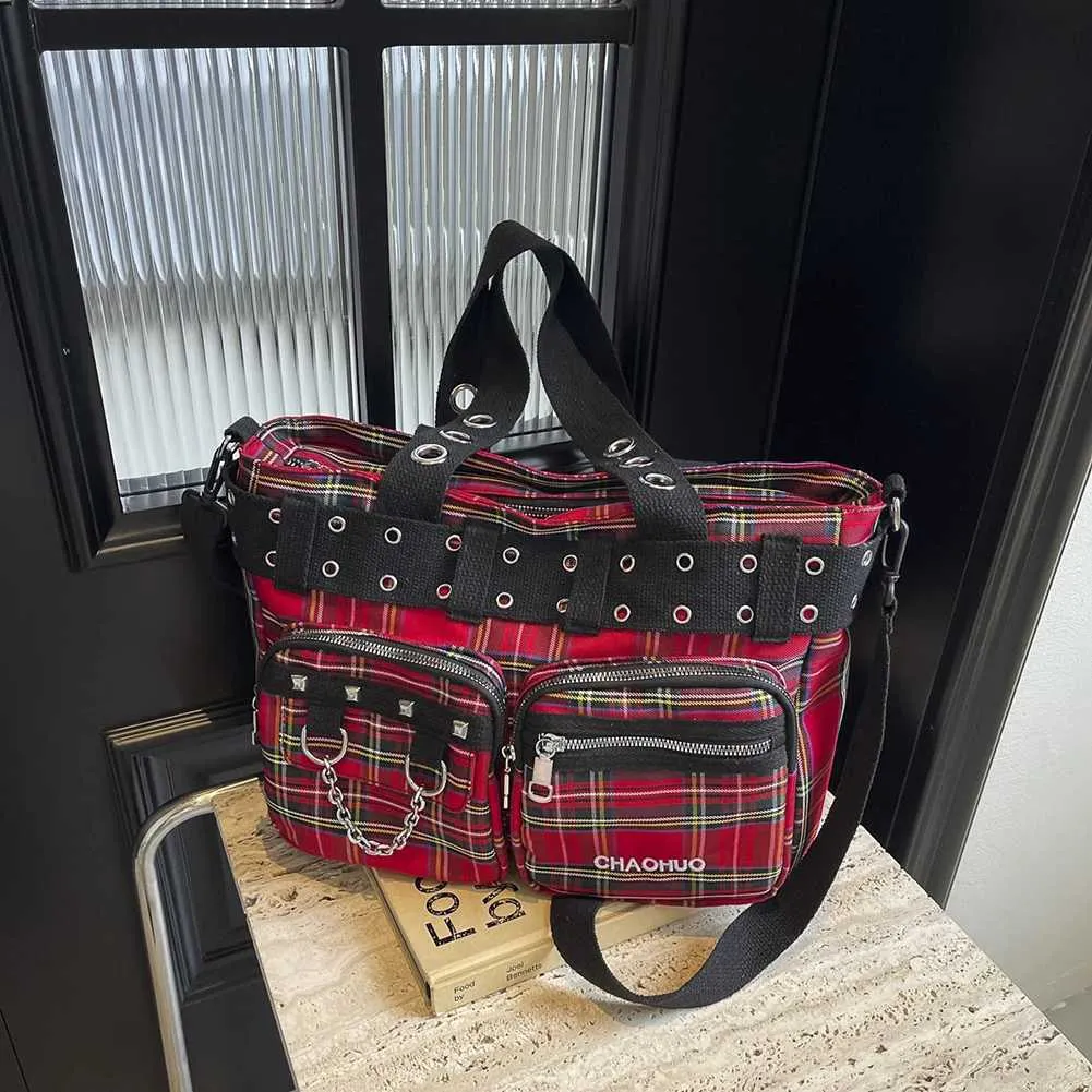 Designer Plaid Handbag Women Punk Shoulder Crossbody Bag Fashion Satchel Purse Queen Red Y2K Street for Travel Shopping_voghion.com