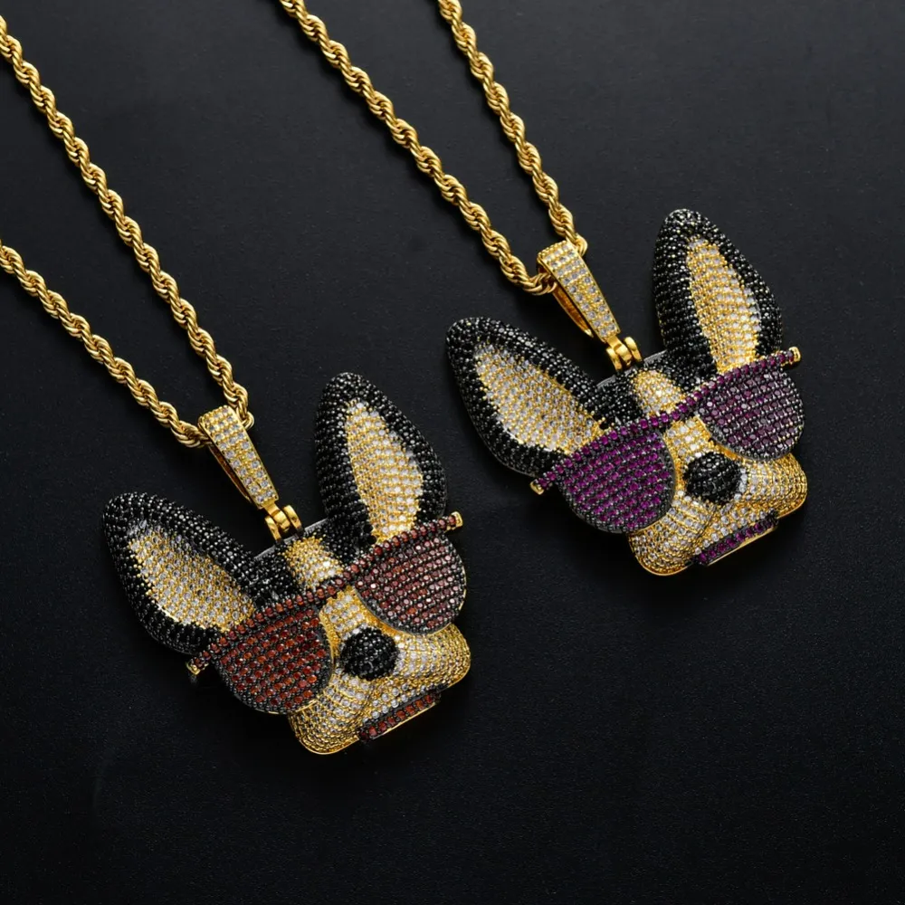 Colgante de latón con circonita cúbica grande y diseño de perro ingenioso con gafas, collar de estilo hip hop helado para hombres y mujeres, joyería de fiesta, regalo CN1371_voghion.com