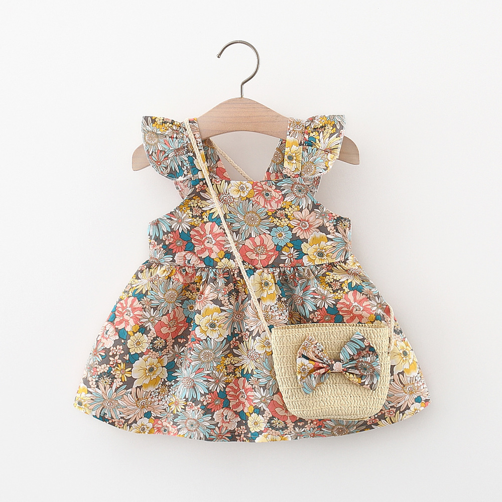 Fashion Girl Clothing Cotton Summer Flower Dress With Bag For Birthday Clothes_voghion.com