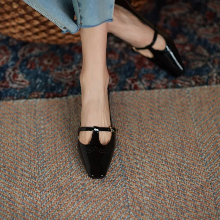Shoes Spring/Autumn Patent Leather Solid Color T-shaped Buckle Pumps Square Toe Chunky Heel Versatile Mary Jane For_voghion.com