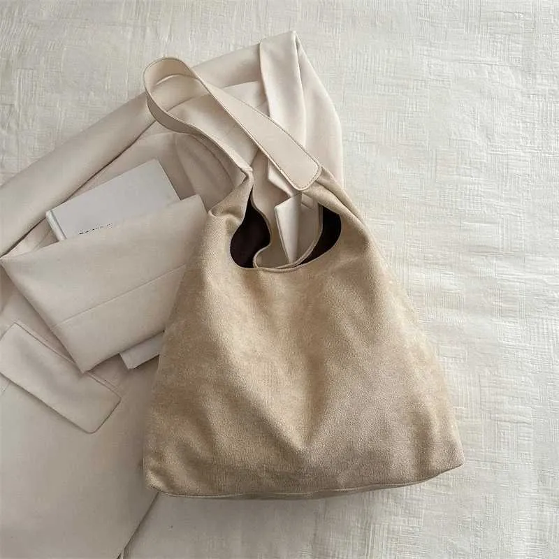 Retro womens large capacity suede shoulder bag solid color simple design casual shopping handbag Y241123_voghion.com