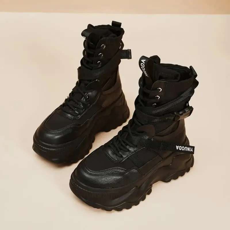Bottines de moto blanches à plateforme épaisse pour femmes, chaussures vulcanisées à lacets et à boucle, à la mode, pour l'automne_voghion.com
