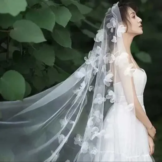 Hair Jewelry Bridal Wedding Veil with 3D Flowers 1.5 Meters One Layer White_voghion.com