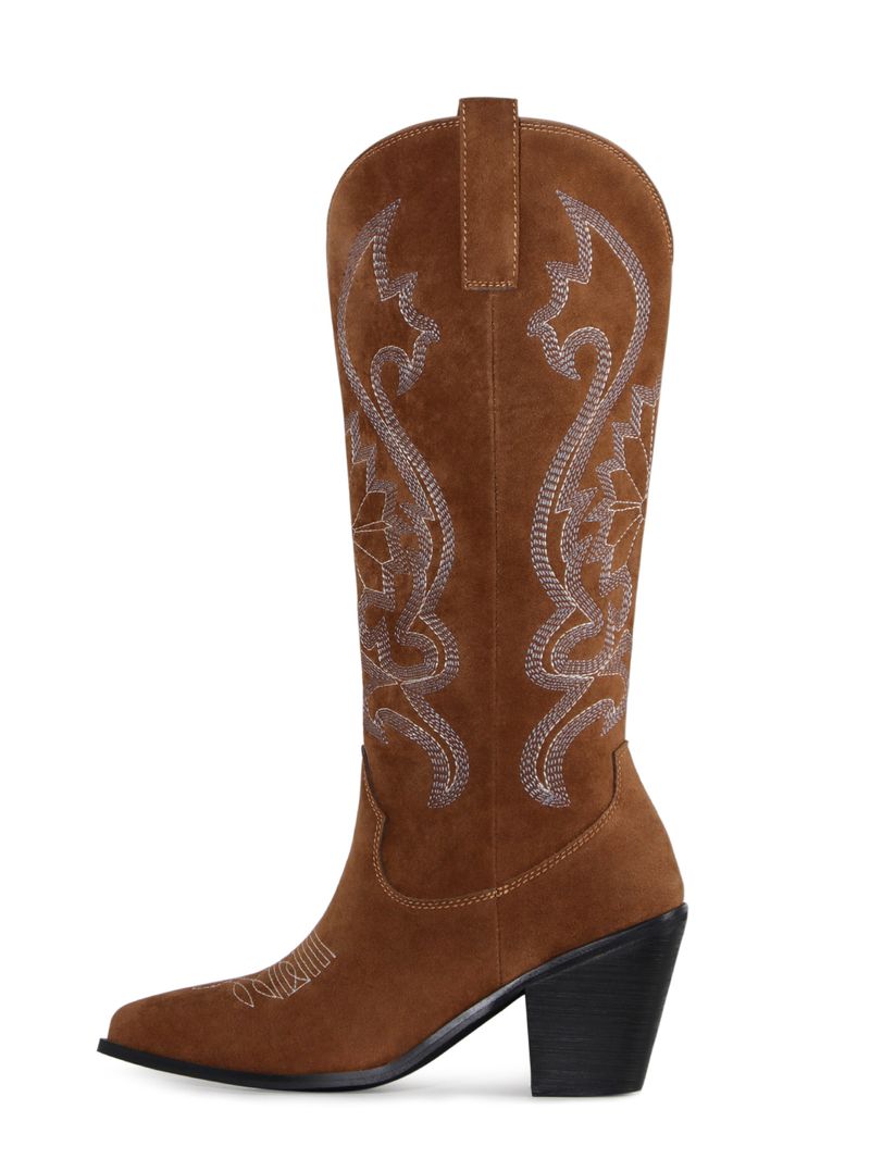 Spitzer Westernstiefel aus Wildleder-Denim mit Stickereien und klobigem, mittelhohem Absatz_voghion.com