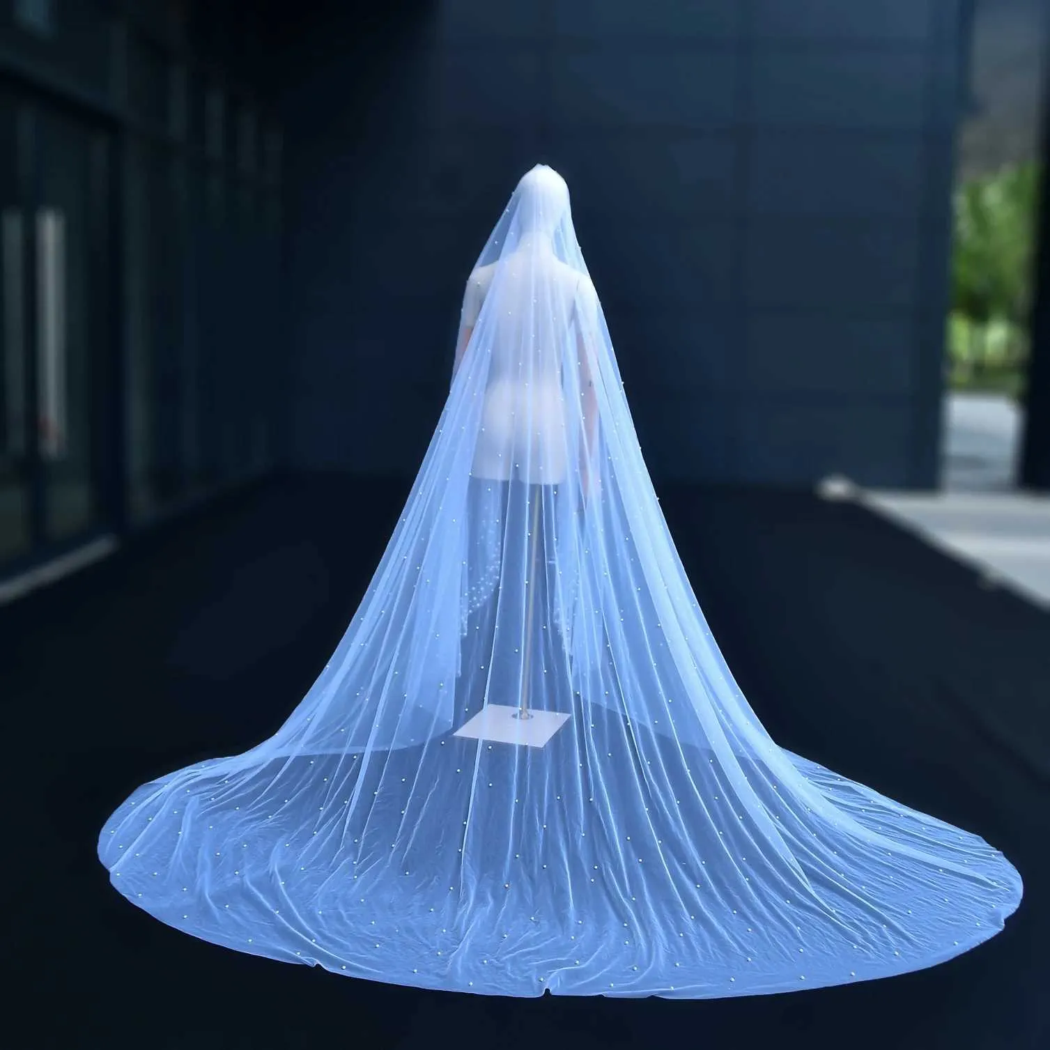 Hair Jewelry V66 Pearls Beaded Bridal Church 3M Long Cathedral Veils No Comb Nail Pretty Wedding Accessories 1 Tier Soft_voghion.com