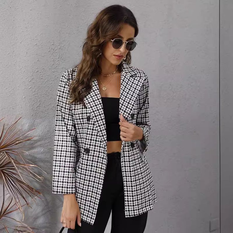 Veste à manches longues à revers pied-de-poule pour femme_voghion.com