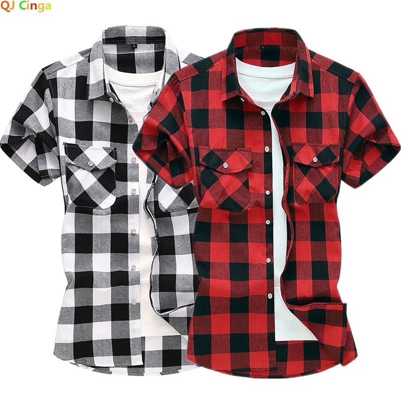 Camicia da uomo estiva a maniche corte a quadri a righe, casual, in cotone, bianca, rossa, verde, grigia, blu_voghion.com