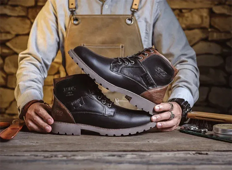 Bottines de travail en cuir marron pour homme, faites à la main, pour l'automne et l'hiver, style vintage, en tendon de bœuf, 240830_voghion.com