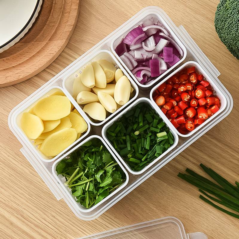 Kühlschrank-Aufbewahrungsbox mit 6 Fächern, Aufbewahrungsbox für Lebensmittel, Gemüse und Obst, Kühlschrank-Organizer, Abflusskorb, für Fleisch, Zwiebeln, Ingwer, transparentes Gemüsefach_voghion.com