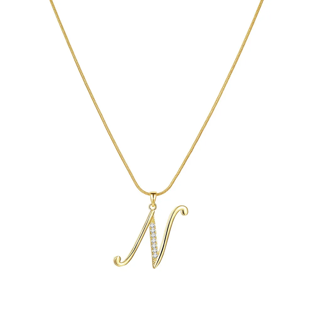 Colliers pendentifs personnalisés CZ A-Z Alphabet Collier Bijoux Plaqué Or Lettre Initiale Cursive Vieil Anglais_voghion.com