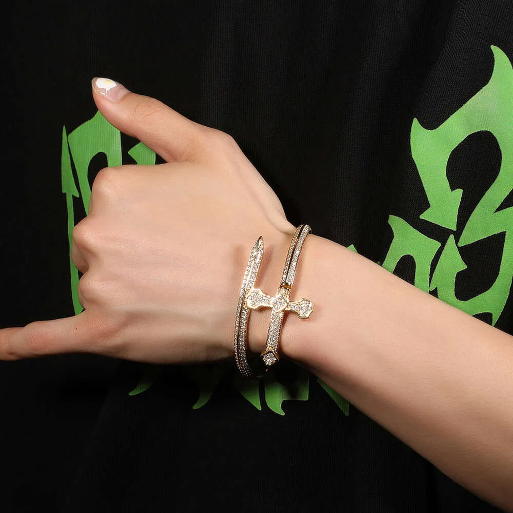 Hip Hop Adalet Kılıcı Bilezik Seti Tam Trend Çok Yönlü El Süsü Küba Moissanite Dia İşlemeli Gümüş Gül Altın_voghion.com