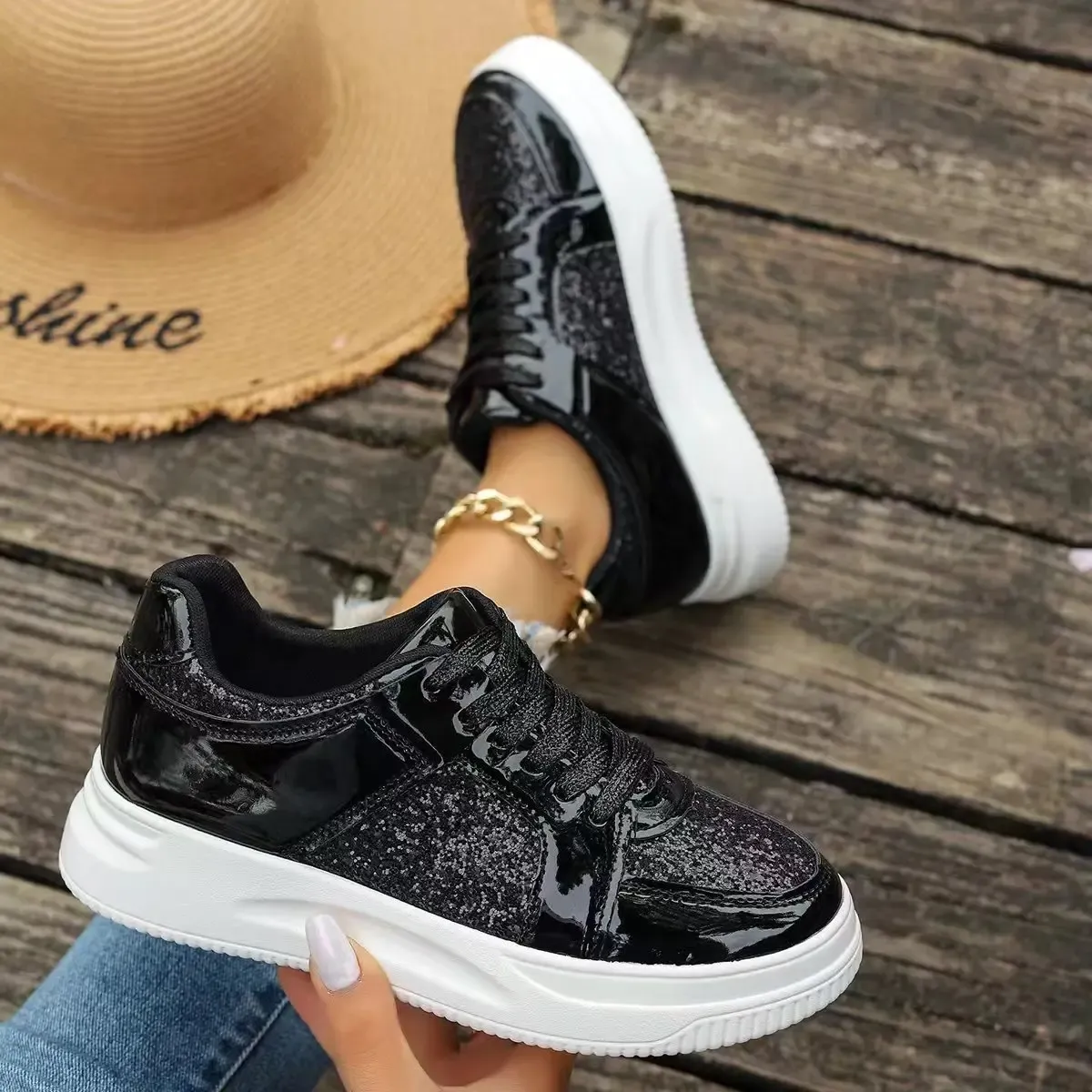 Women's Gold Sequins Platform Sneakers Autumn Fashion Casual Sports Thick Bottom Vulcanized Woman Flats Heels Shoes_voghion.com