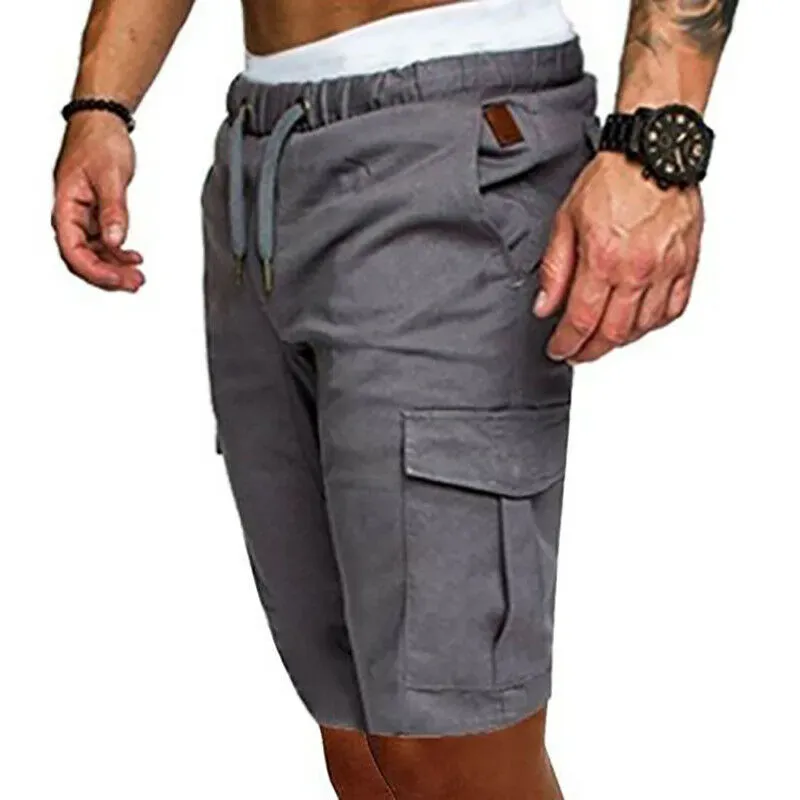 Hot Mens Summer Casual Shorts Solid Color Pocket Gym Sport Running Workout Cargo Jogger Trousers Black Navy Blue Khaki_voghion.com