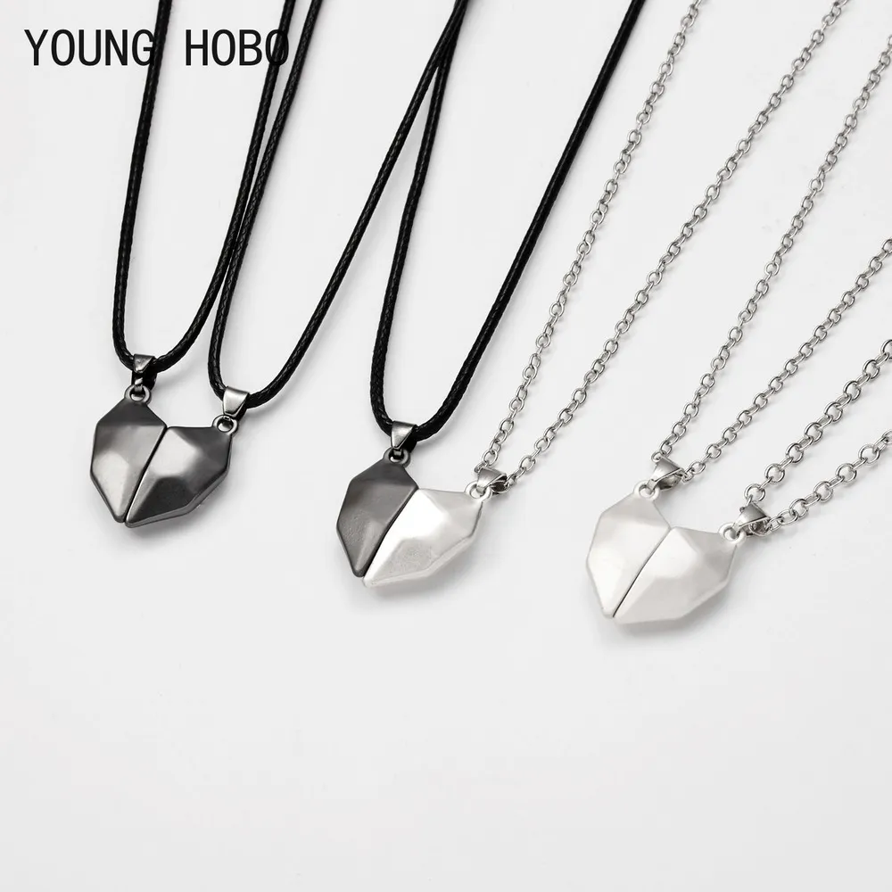 Colliers pendentifs HOBO 2Pcs/Lot Collier couple magnétique Amitié Coeur Distance Charme à facettes Femmes Saint Valentin_voghion.com
