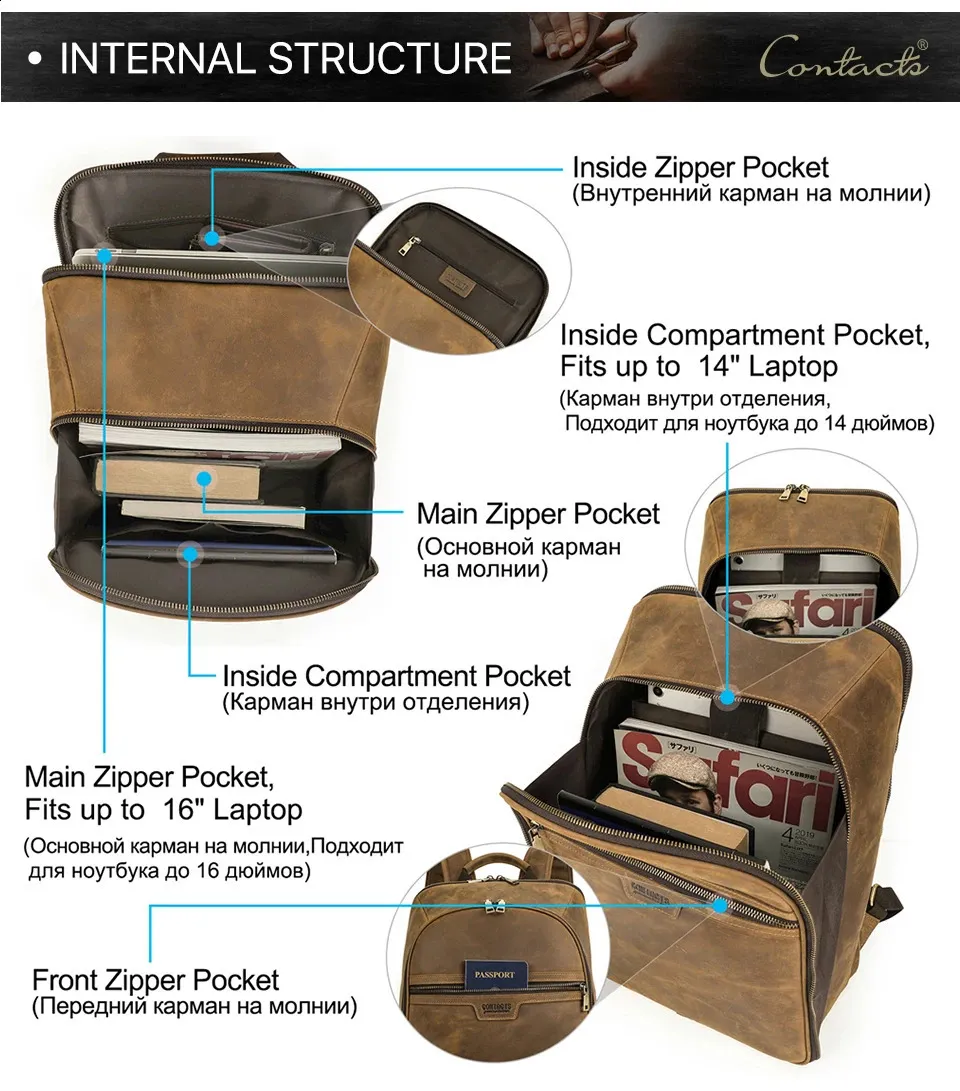 Retro Leather Laptop Backpack For Men Large Capacity Travel Bag_voghion.com