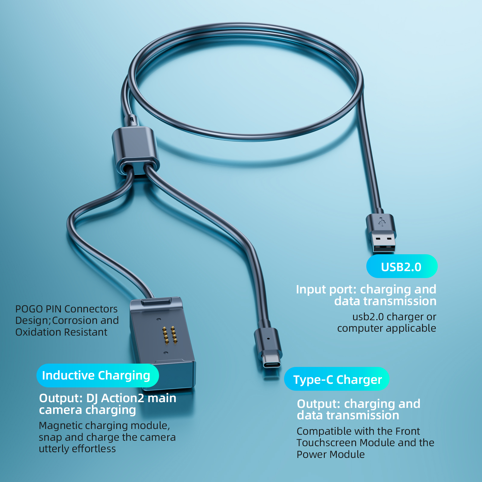 2 v 1 Inteligentní rychlonabíjecí kabel s magnetickou základnou typu C pro přenos dat pro kameru DJI Action 2 s dvojitou obrazovkou a napájením_voghion.com
