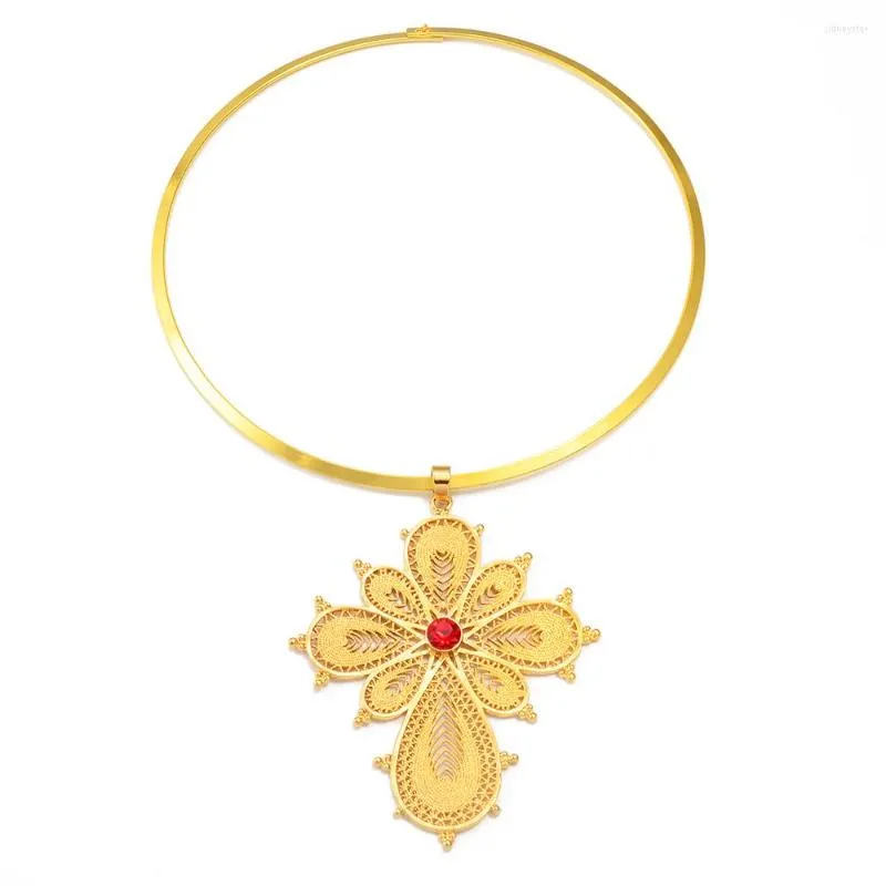 Pendant Necklaces Anniyo Ethiopian Big Cross And Round Chokers With Rhinestone For Women Gold Color Eritrea Africa_ipsvogv.com