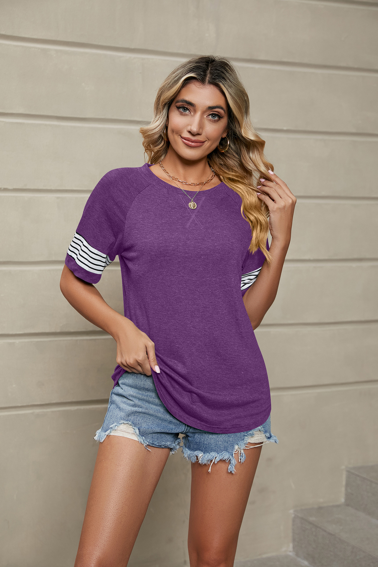 Women's Clothing Stripe Splice Loose Round Neck Short Sleeve T-shirt Tops_voghion.com