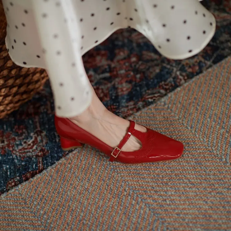 Shoes Spring/Autumn Patent Leather Solid Color T-shaped Buckle Pumps Square Toe Chunky Heel Versatile Mary Jane For_voghion.com