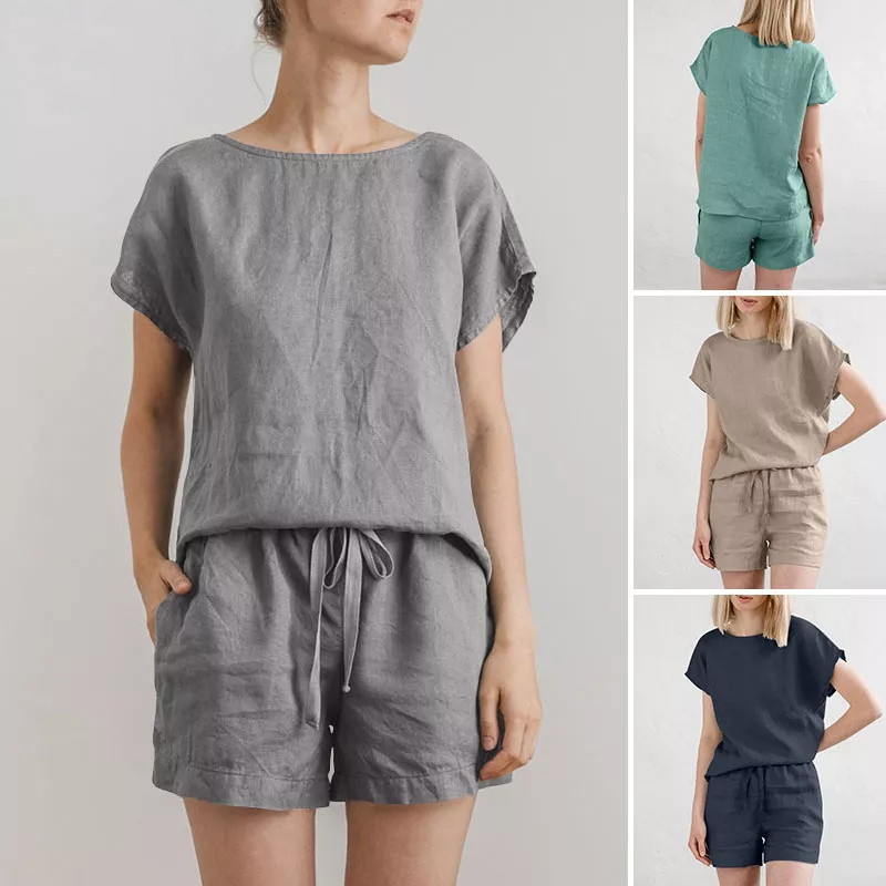 Women's spring short-sleeved urban cotton and linen brown retro fashion casual solid color tops and shorts set_voghion.com