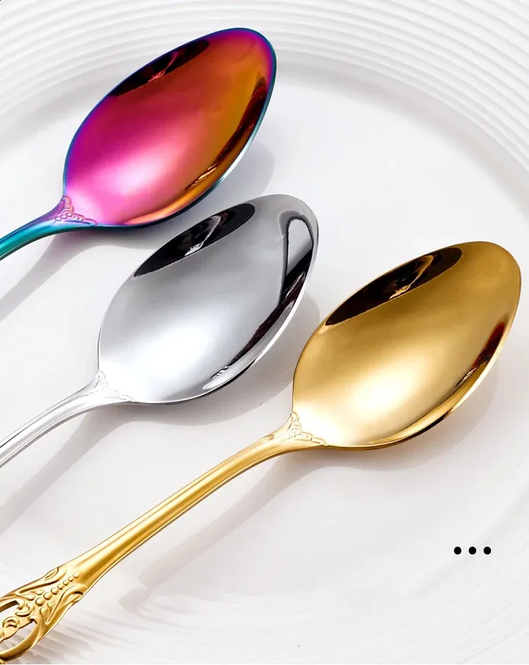 Conjunto de talheres de aço inoxidável dourado, colher, garfo e faca de bife europeus, retrô, oco, louça, talheres_voghion.com