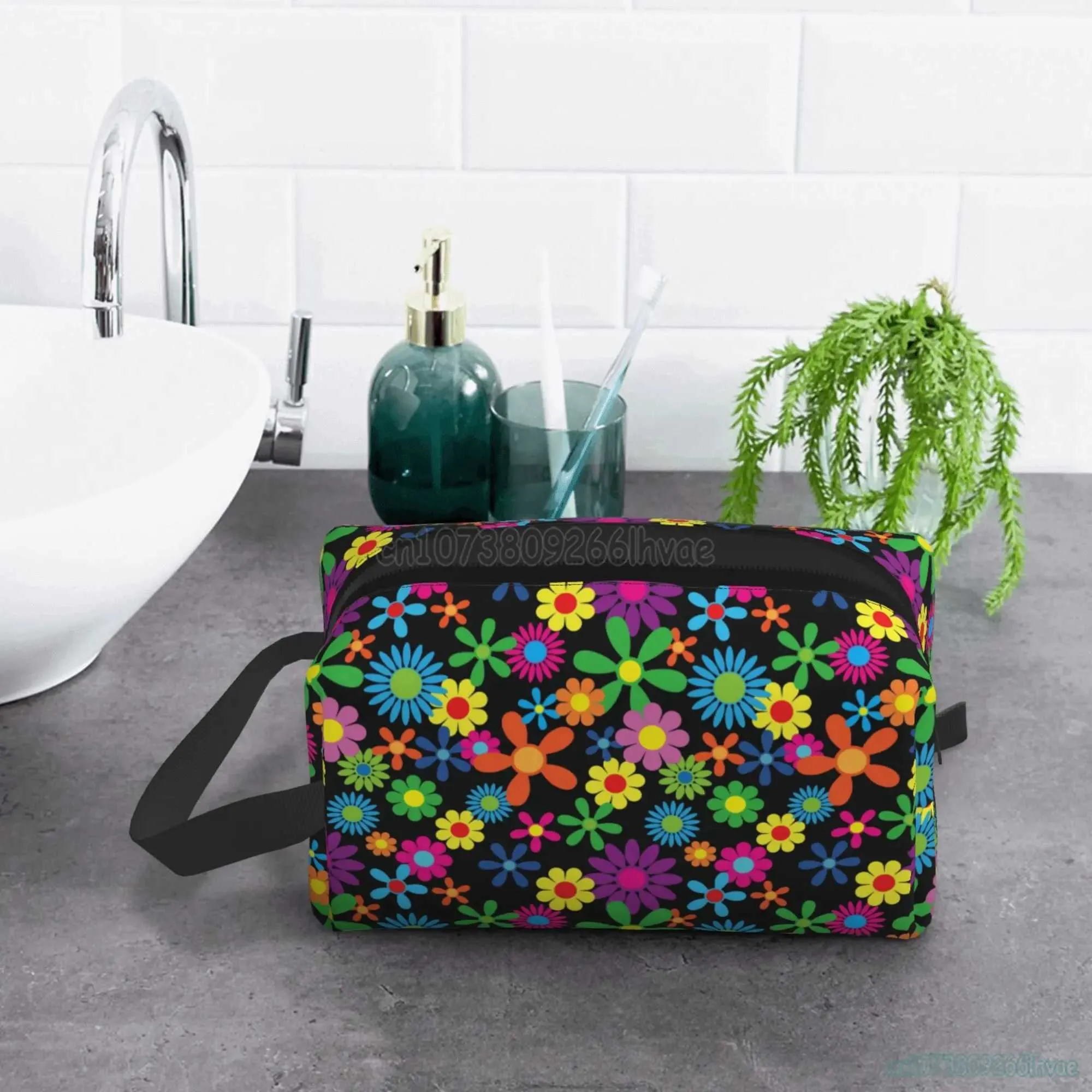 Trousse de maquillage de voyage étanche de grande capacité avec poignée pour femmes Hippie Wer Y241023_voghion.com