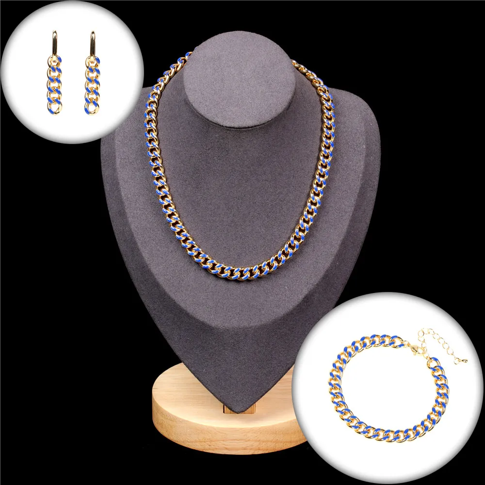 Bracciale alla caviglia con maglie cubane a goccia di petrolio alla moda, orecchini multi colore spessi, collana a catena smaltata_voghion.com