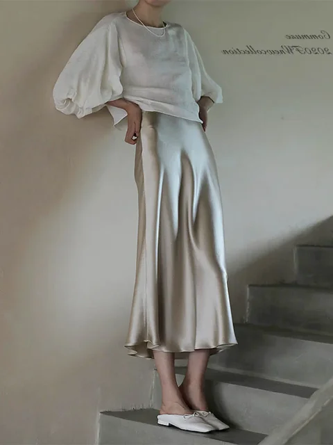 Heißer verkauf frauen A-linie Hohe Taille Satin Seide Frühling Langen Rock Büro Dame Korean Fashion Solid Lila Röcke für frauen 2024_voghion.com