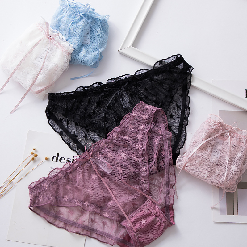 Sous-vêtements Culotte en maille étoilée Culotte taille basse en dentelle avec nœud pour femme_voghion.com
