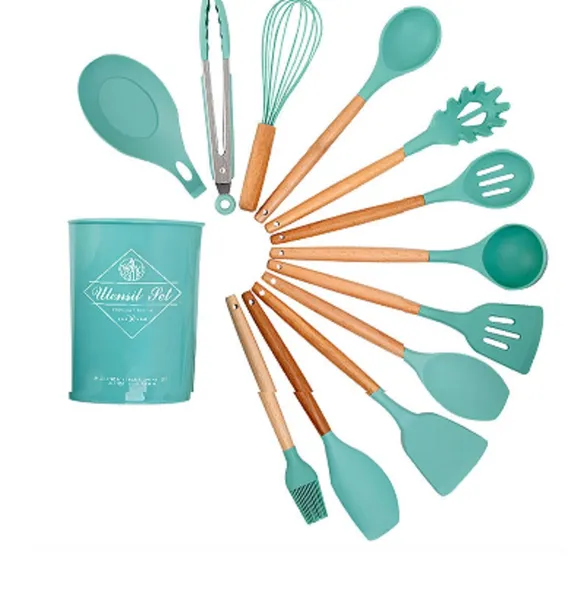 Set d'ustensiles de cuisine en silicone avec manches en bois_voghion.com