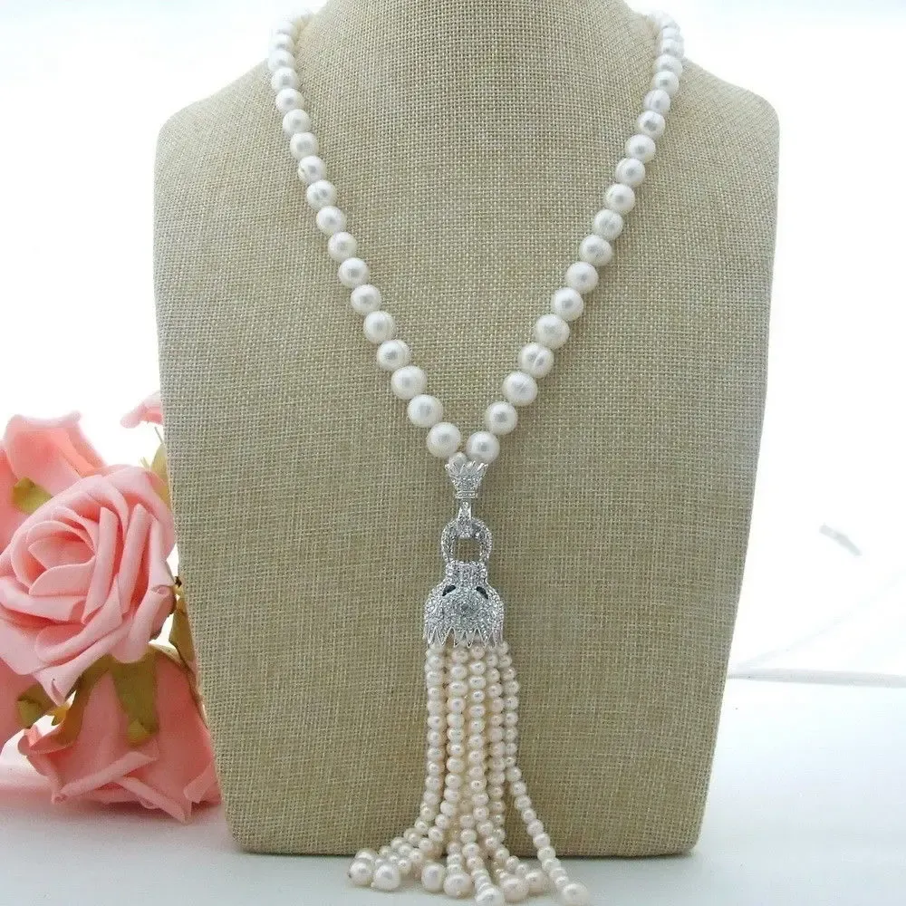 Catene annodate a mano con micro intarsi in zircone e chiusura a testa di leopardo, collana con nappe in perle d'acqua dolce bianche da 8-9 mm, gioielli di moda_voghion.com