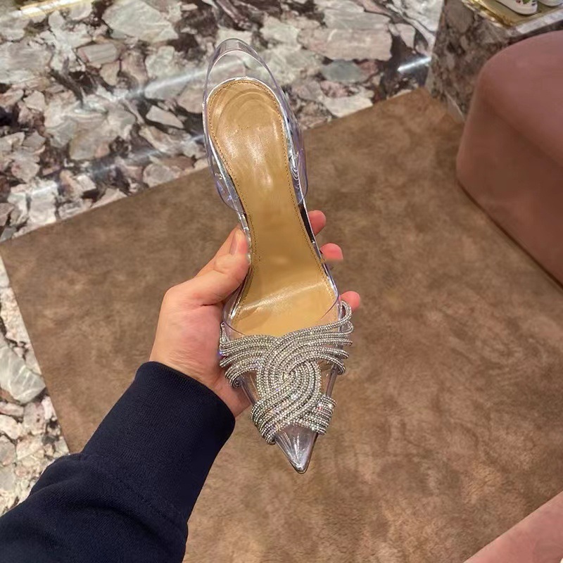 PVC transparent sandals Baotou cross diamond high heels 23 spring and summer new after empty shallow mouth sweet banquet wedding shoes