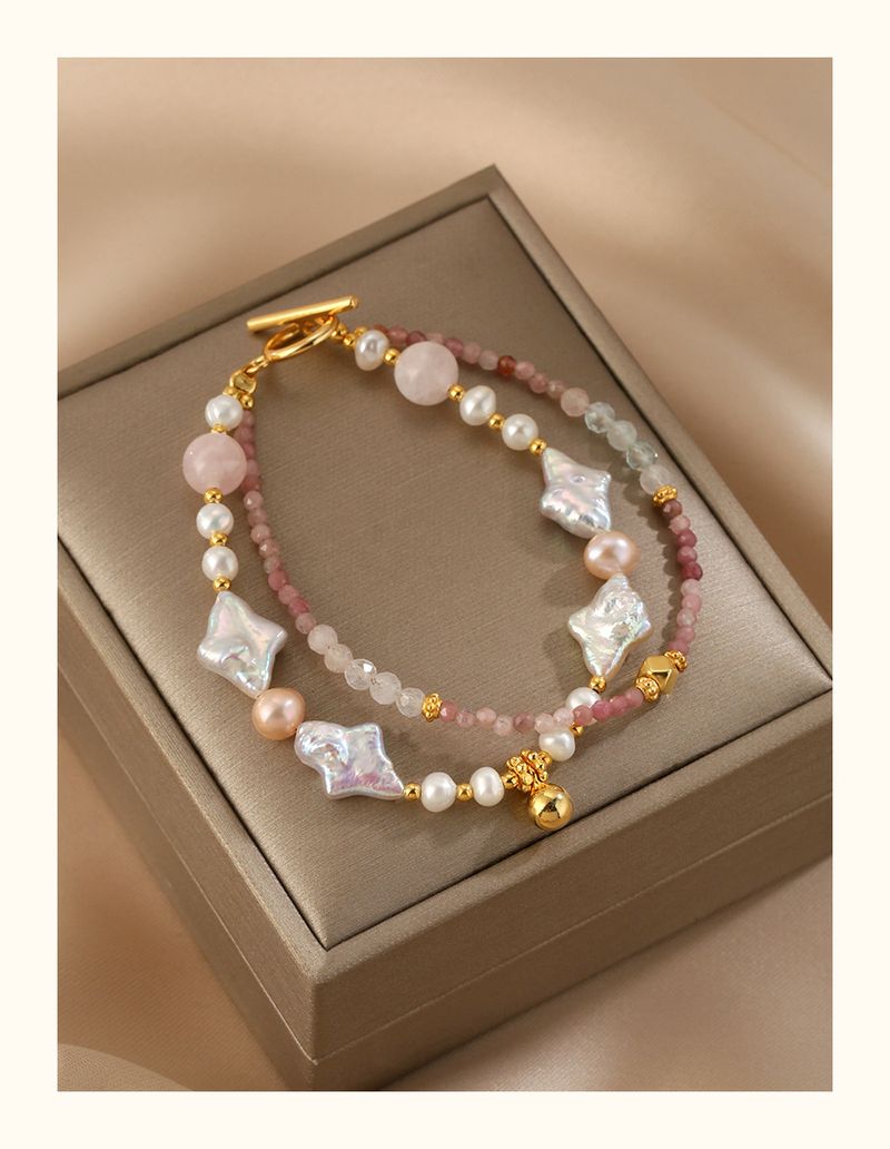Braccialetto alla moda barocco da donna francese irregolare esotica con perle a doppio strato e fibbia OT in tormalina rosa_voghion.com