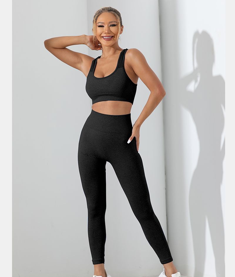 Set de trening de yoga simplu, 2 bucăți, fără cusături, foarte elastic, cu spate încrucișat, colanți cu control al abdomenului și șoldurilor_voghion.com