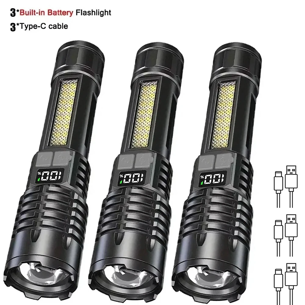 Hochleistungs-LED-Taschenlampe, leistungsstarke, wiederaufladbare COB-Taschenlampe vom Typ C mit Seitenlicht, Taschenlampe für Outdoor-Camping-Wandern_voghion.com