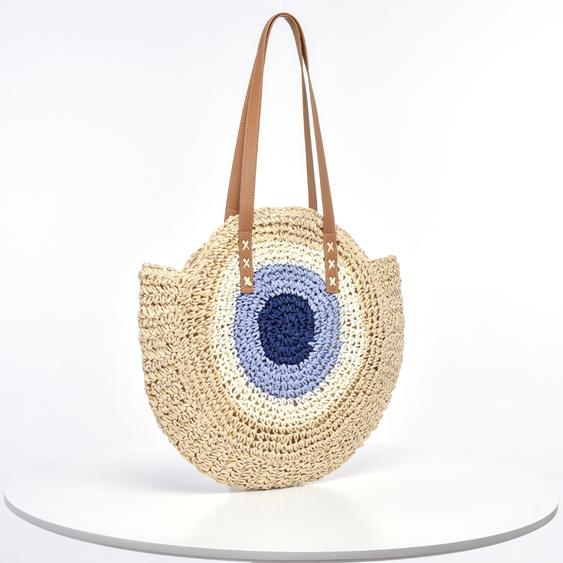 Borsa da donna intrecciata a mano, grande, a forma di cuore blu, rotonda, in paglia, fatta a mano, per le vacanze al mare, spiaggia, monospalla, fabbrica_voghion.com