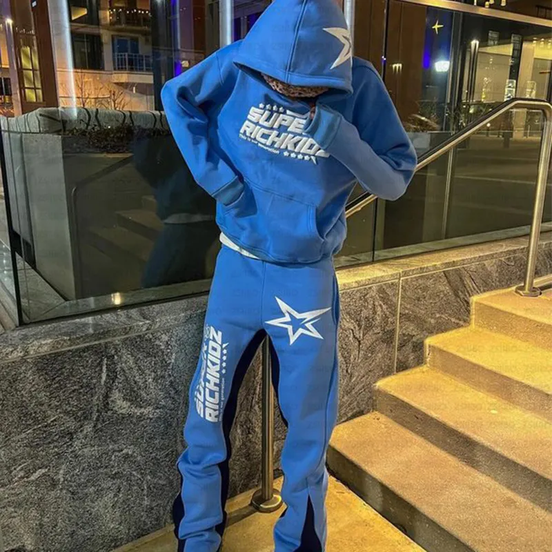 Y2K Trendy Sport Star Letter Print High Street Hip Hop Sport Ocazional pentru bărbați Pantaloni de sport evazați Set două piese_voghion.com