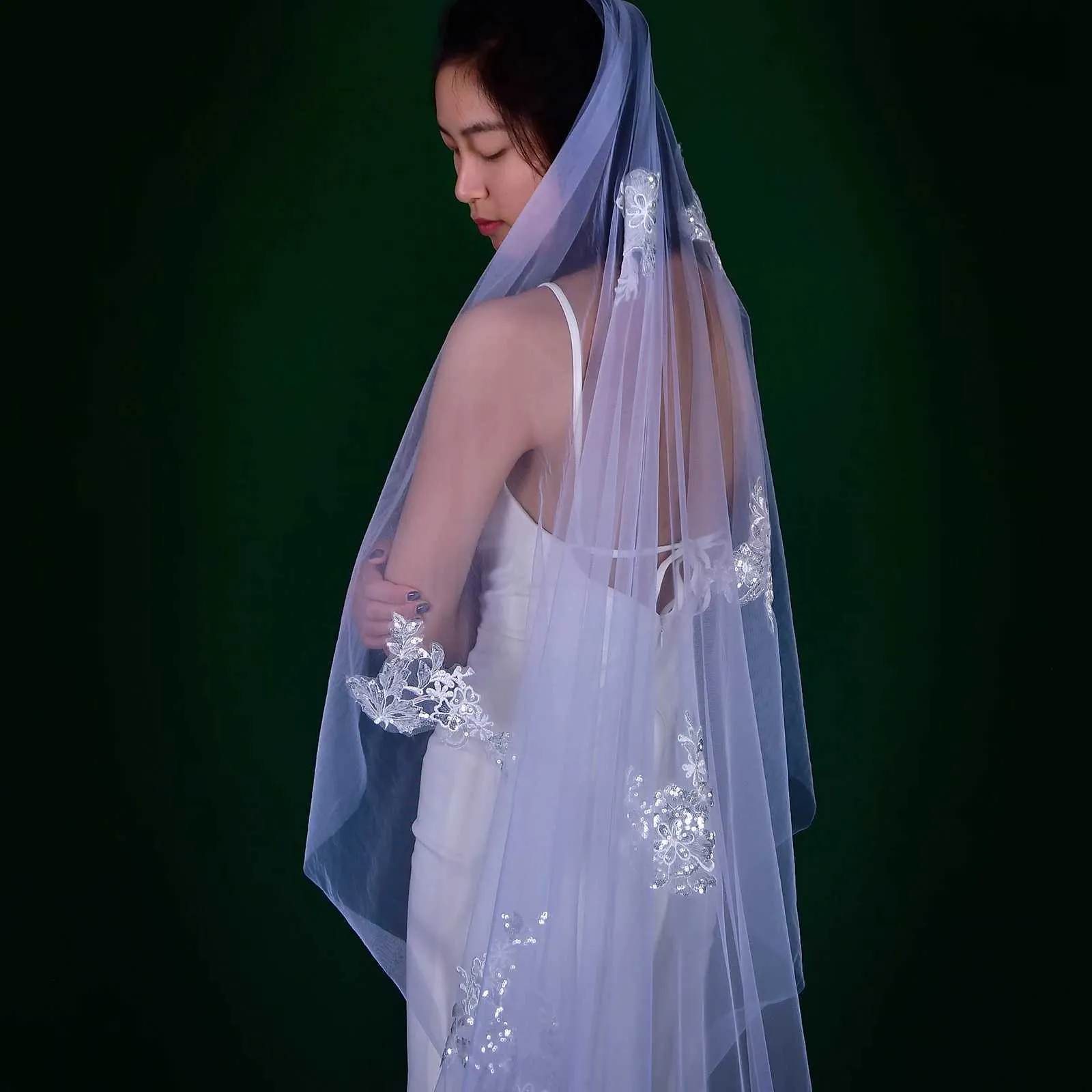 Hair Jewelry MZA53 Long Cathedral Veil Lace Appliques Bridal Veils Cut Edge 1 Tiers Soft Tulle Wedding Dress Accessories_voghion.com