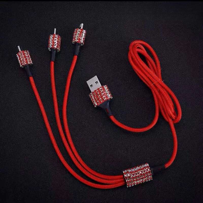 Elmas Gömülü Bir ila Üç Hızlı Şarj Veri Kablosu, Araba USB Çakmak, Cep Telefonu Şarj Cihazı_voghion.com