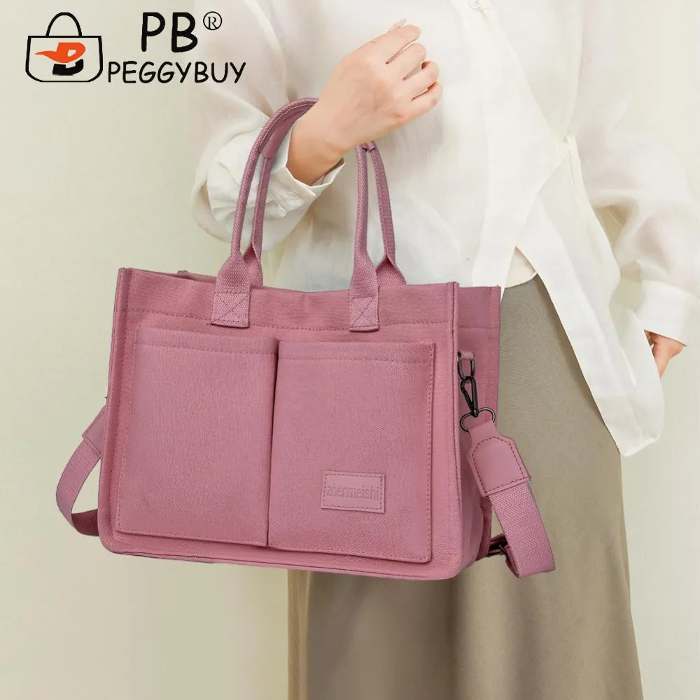 Women Fashion Shoulder Large Capacity Canvas Simple Shopping Adjustable Strap Multi Pockets Casual Satchel Bag_voghion.com