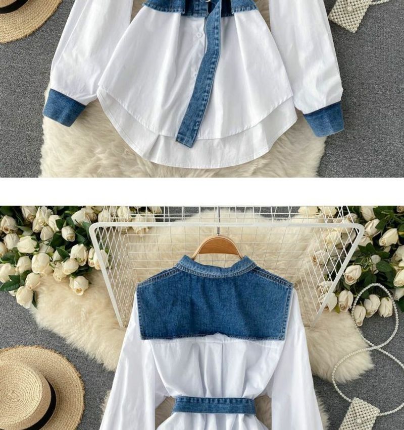 Women's Clothing polo collar denim two-piece long-sleeved shirt with a niche mid-length waist and chic top_voghion.com