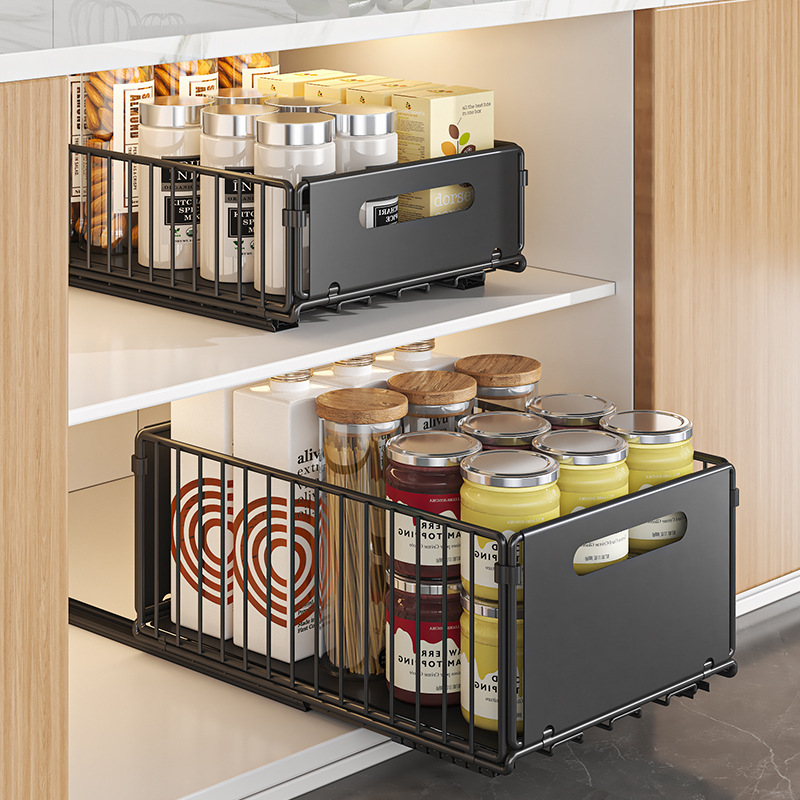Étagère de rangement de cuisine, panier coulissant, double couche, pour assaisonnements, collations, bouteilles, armoire à plusieurs niveaux