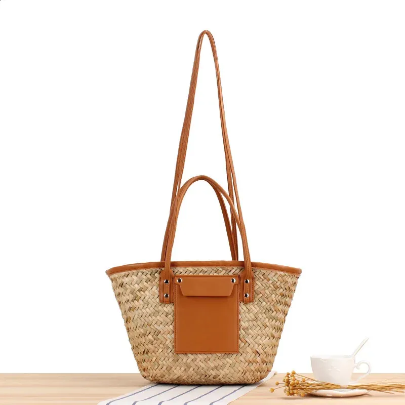 Casual Rattan Basket Bag Wicker Woven Women Handbags Handmade Summer Beach Straw Shoulder Crossbody Bags Big Tote Purse_voghion.com
