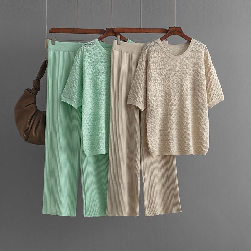 Pantaloni da donna nuovi, tinta unita, casual, scollo rotondo, alla moda, a maniche corte, in maglia, due pezzi_voghion.com