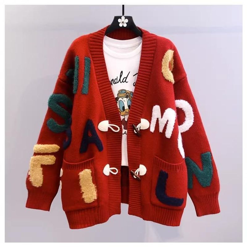 Women's Clothing Fat mm stylish horn button letter sweater jacket for women autumn and winter new large size loose lazy_voghion.com