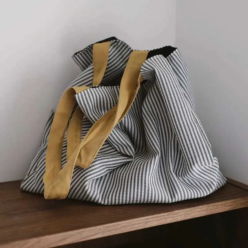 Borsa a tracolla semplice a righe in tela con design a doppio strato, grande capacità, pieghevole, da viaggio sC241031_voghion.com