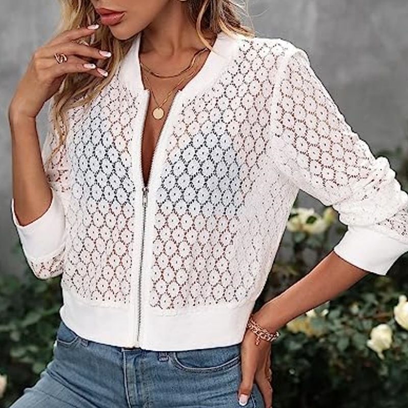 Women's clothing transparent lace long-sleeved zipper front baseball collar pilot jacket cross-border outerwear_voghion.com
