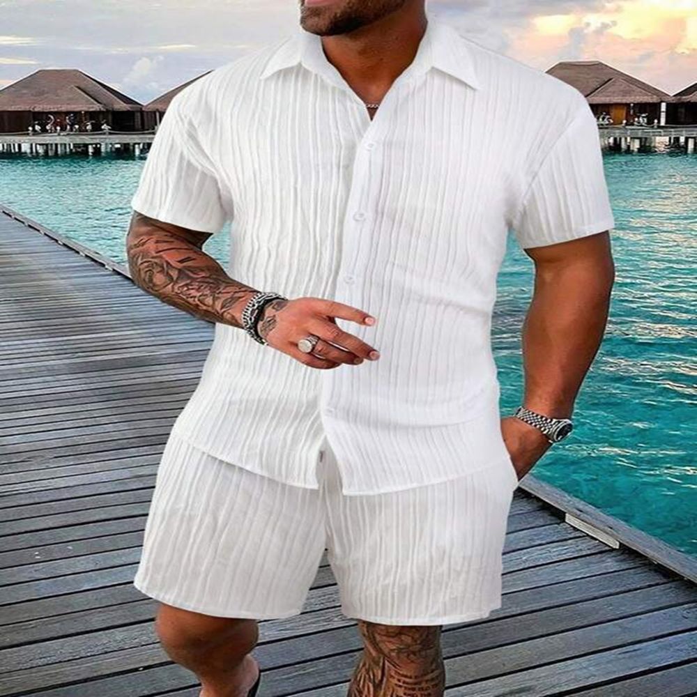 Vêtements pour hommes 2024 Nouvelle chemise à revers rayée pour hommes Shorts Tendance Costume de sport décontracté